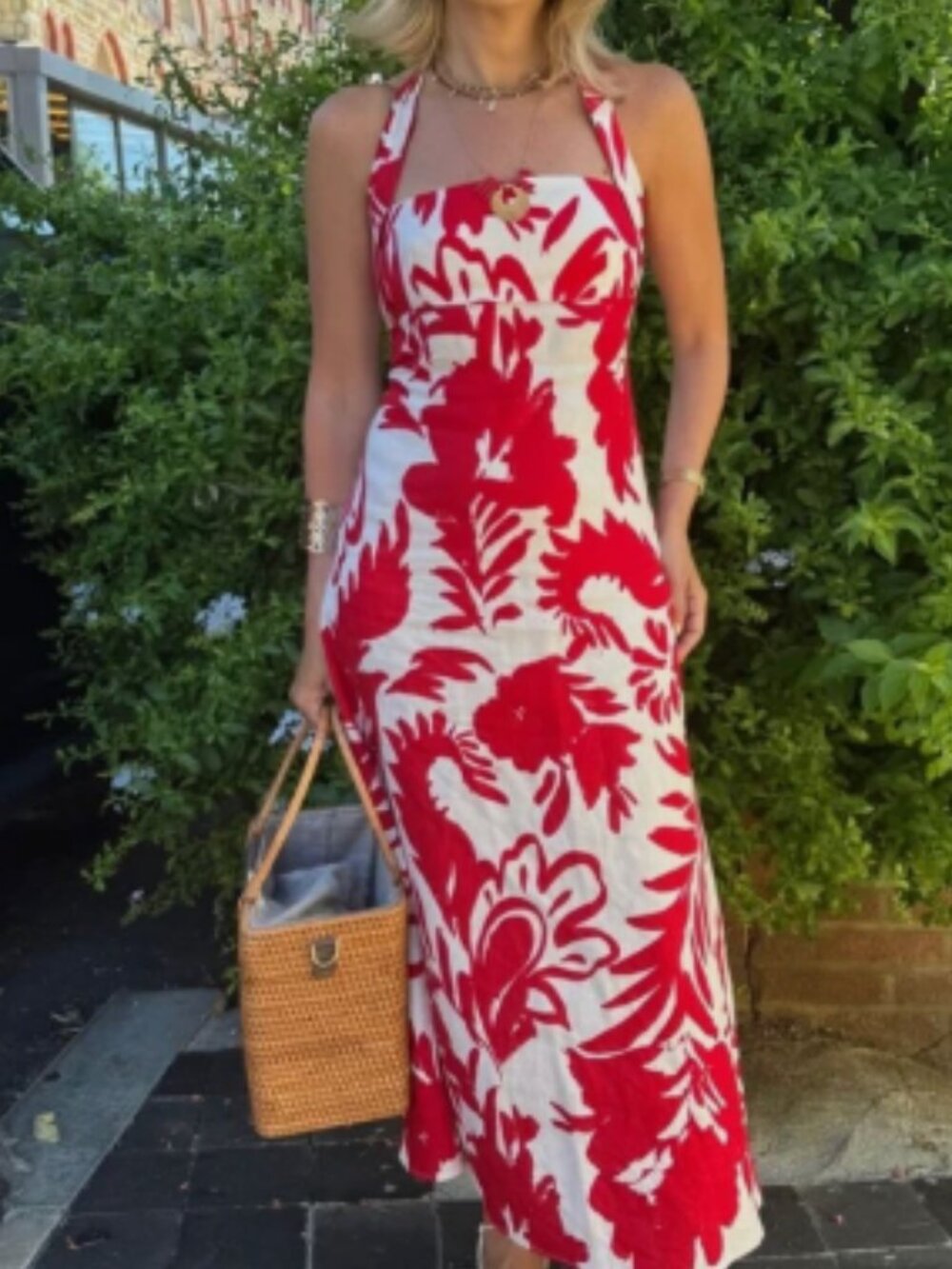 Zara Red & White Tropical Halter Midi Dress Size Small